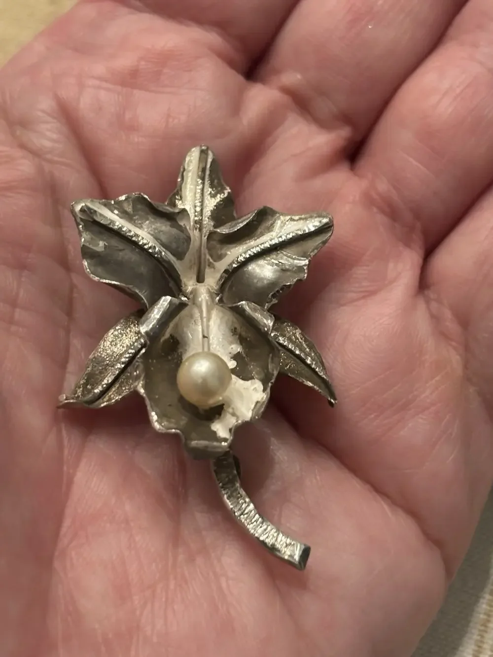 Vtg Sterling Silver Acid Etched Orchid Brooch 925 5.9g